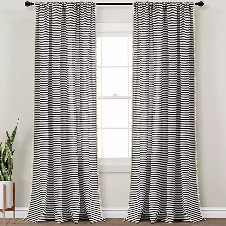 Kirklands Home Curtains & Drapes|Black Striped Tassel Curtain Panel Set, 84 in.