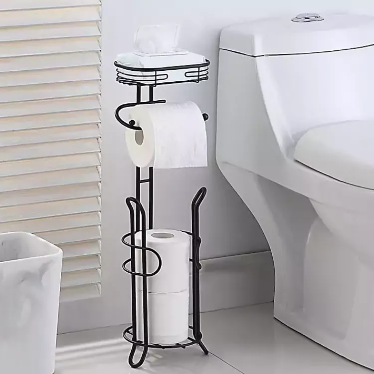Kirklands Home Bathroom Accessories|Toilet Paper Storage Stand with Basket Black