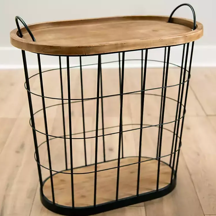 Kirklands Home Accent & End Tables|Wire and Natural Wood Basket Side Table Black