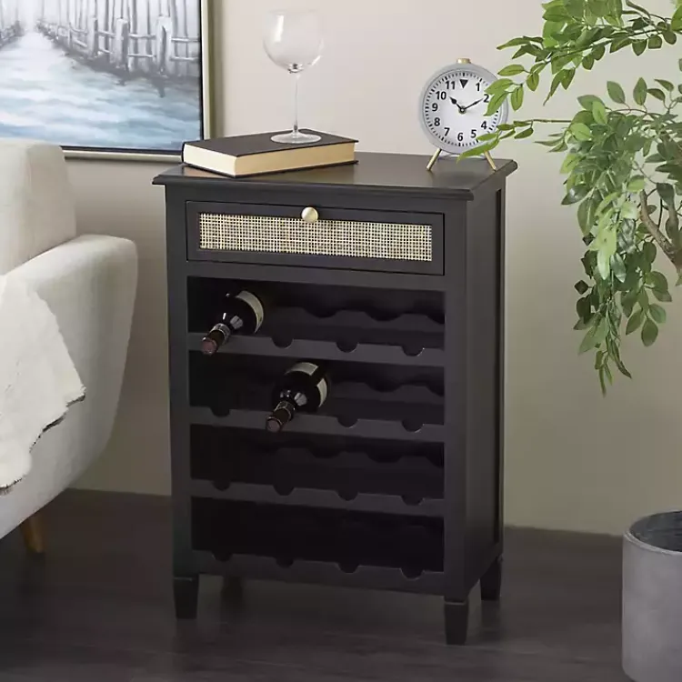 Kirklands Home Cabinets & Sideboards|Wood & Natural Rattan Wine Bottle Cabinet Black