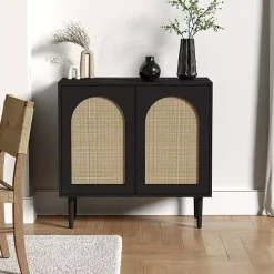 Kirklands Home Cabinets & Sideboards|Wood and Arched Rattan 2-Door Cabinet Black