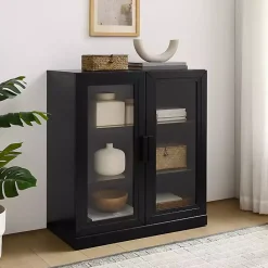 Kirklands Home Cabinets & Sideboards|Black Wood and Glass Stackable Storage Cabinet