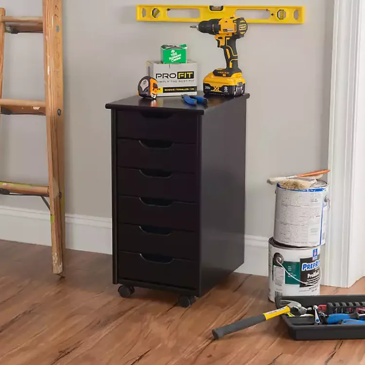 Kirklands Home Office Furniture|Wood 6-Drawer Cary Storage Cart Black