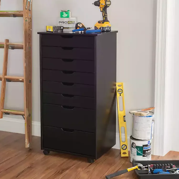 Kirklands Home Office Furniture|Wood 8-Drawer Cary Storage Cart Black