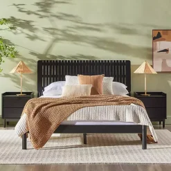 Kirklands Home Beds & Headboards|Wood Slatted Mid-Century Modern Queen Bed Black