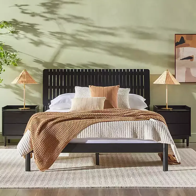 Kirklands Home Beds & Headboards|Wood Slatted Mid-Century Modern Queen Bed Black