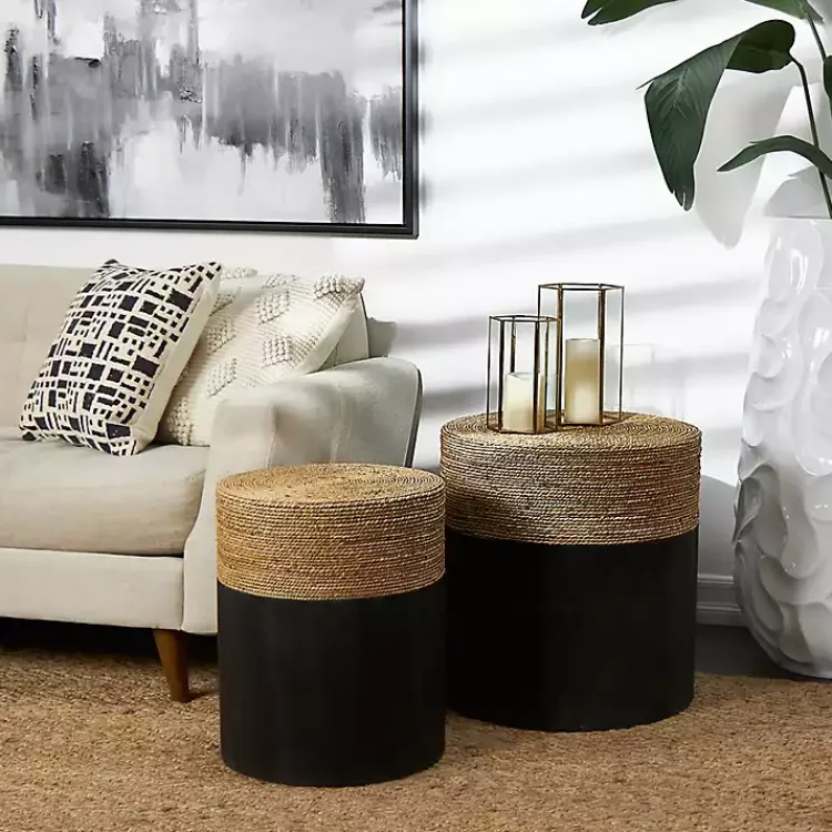 Kirklands Home Accent & End Tables|Black Wood Wrapped Rope Accent Tables, Set of 2 Brown