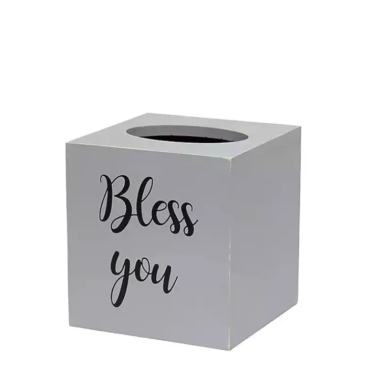 Kirklands Home Bathroom Accessories|Bless You Wood Tissue Box Cover Gray