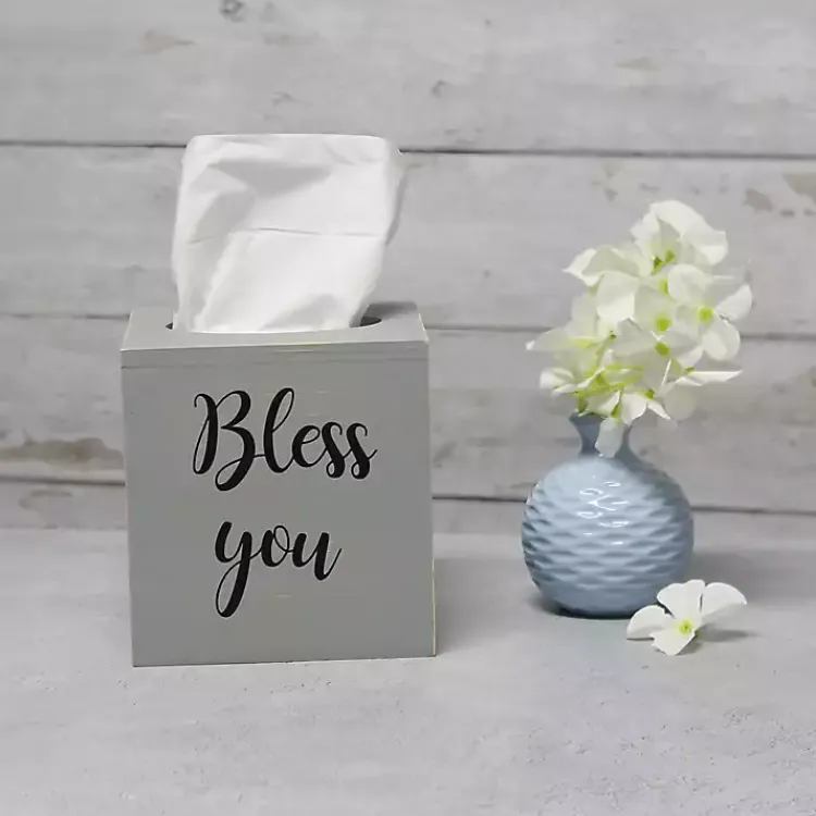 Kirklands Home Bathroom Accessories|Bless You Wood Tissue Box Cover Gray