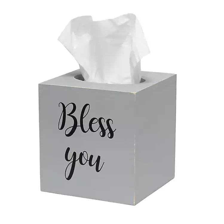 Kirklands Home Bathroom Accessories|Bless You Wood Tissue Box Cover Gray