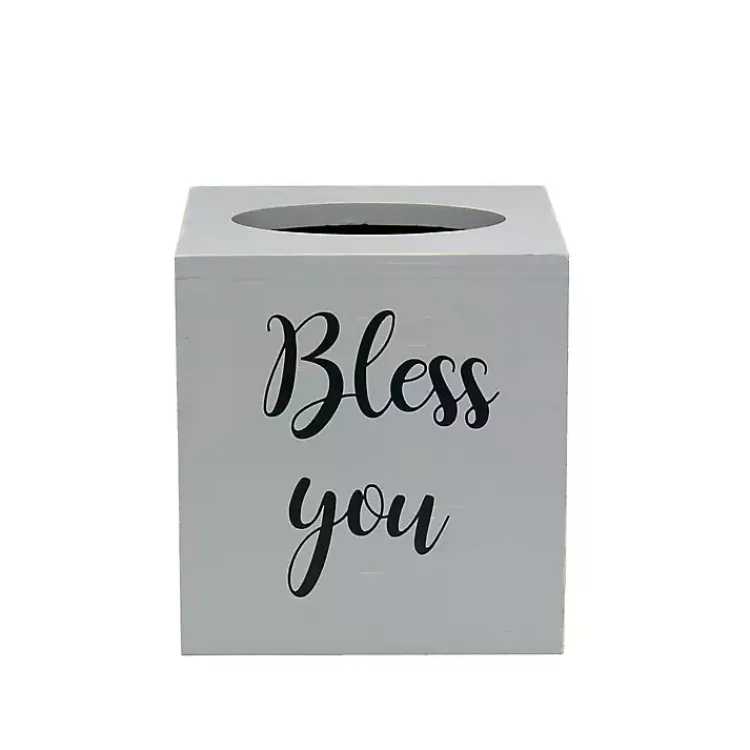 Kirklands Home Bathroom Accessories|Bless You Wood Tissue Box Cover Gray