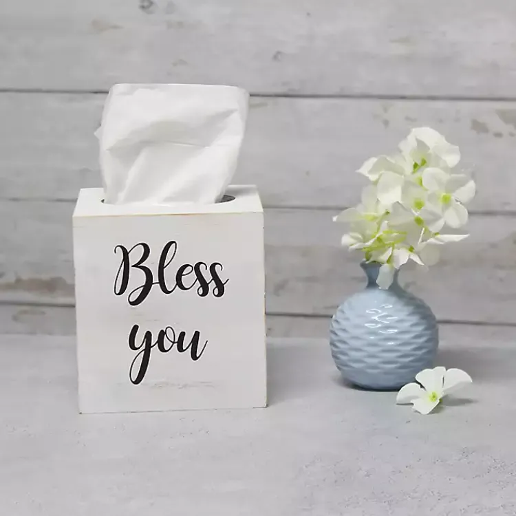 Kirklands Home Bathroom Accessories|Bless You Wood Tissue Box Cover White