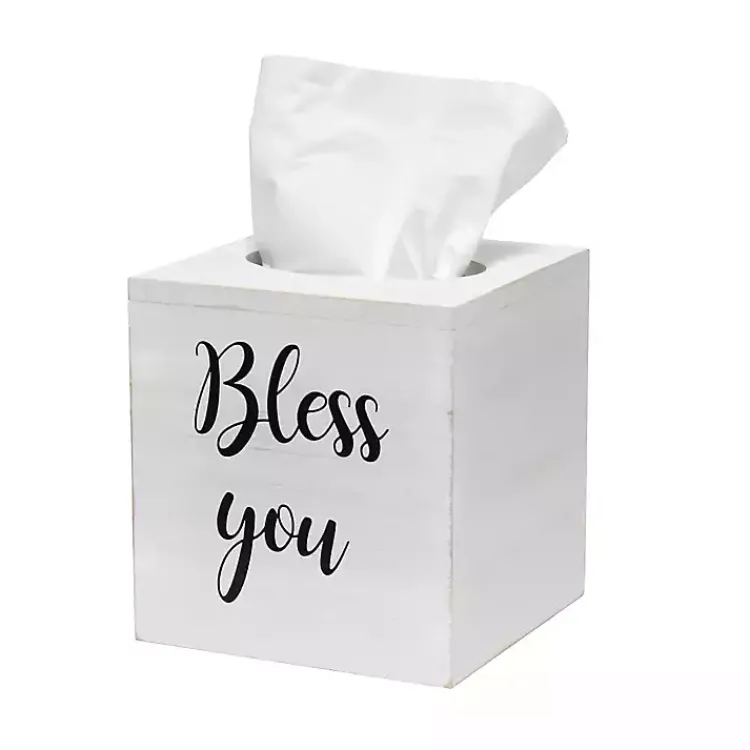 Kirklands Home Bathroom Accessories|Bless You Wood Tissue Box Cover White
