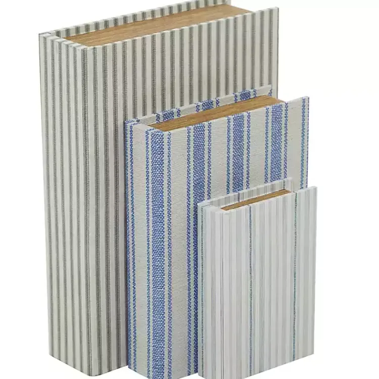 Discount Blue & Cream Striped Canvas Book Boxes, Set of 3 Baskets & Boxes