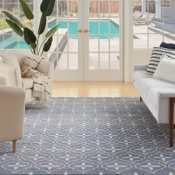 Kirklands Home Outdoor Rugs|Blue & Ivory Quatrefoil Indoor/Outdoor Rug, 5x7