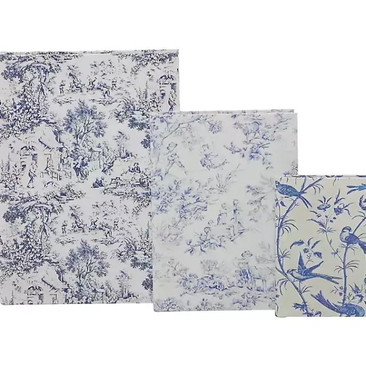 Blue & White Toile Canvas Book Boxes, Set of 3 Baskets & Boxes
