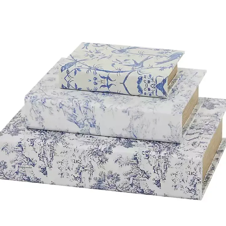 Blue & White Toile Canvas Book Boxes, Set of 3 Baskets & Boxes