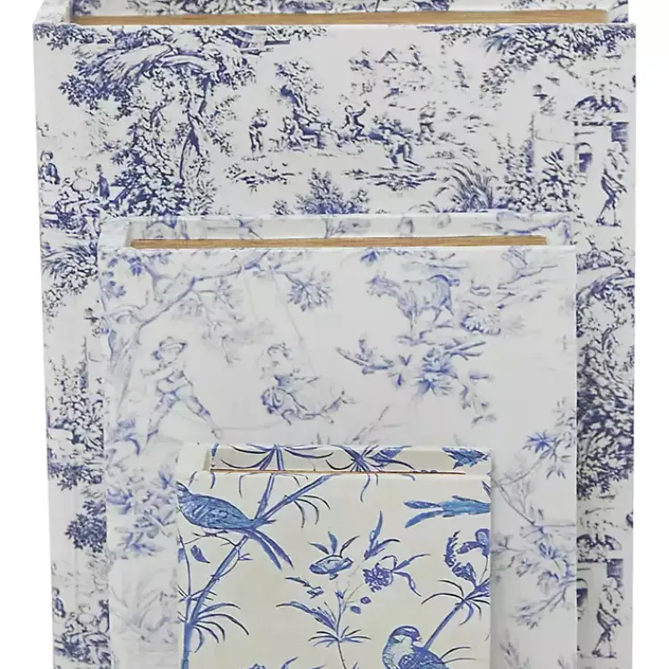 Blue & White Toile Canvas Book Boxes, Set of 3 Baskets & Boxes