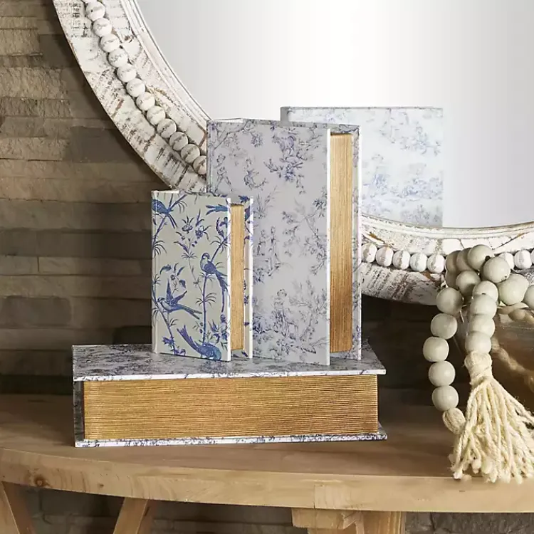 Blue & White Toile Canvas Book Boxes, Set of 3 Baskets & Boxes