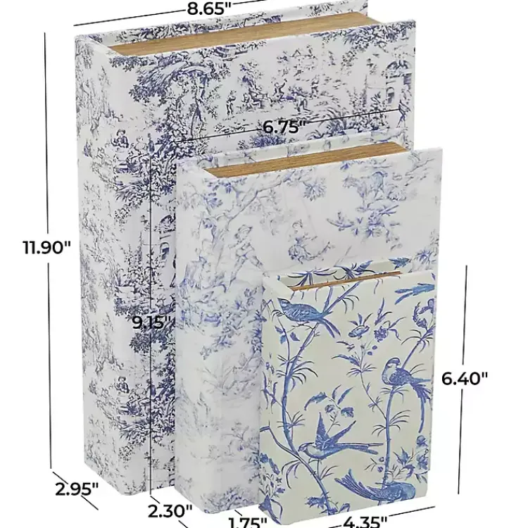 Blue & White Toile Canvas Book Boxes, Set of 3 Baskets & Boxes