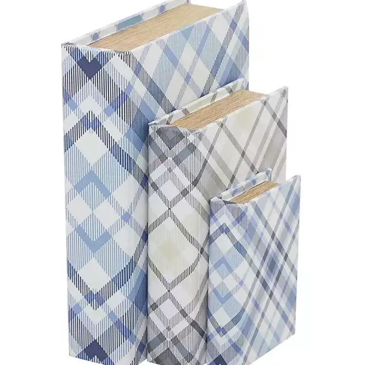 Discount Blue and Gray Plaid Book Boxes, Set of 3 Baskets & Boxes