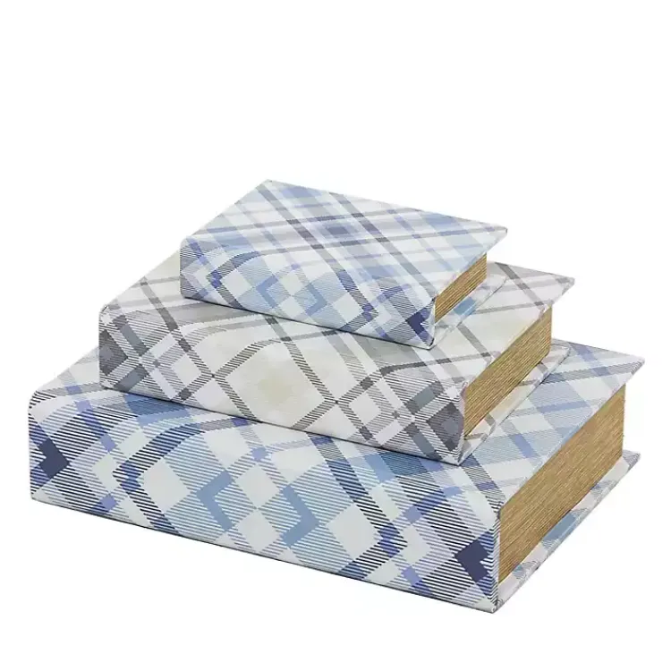 Discount Blue and Gray Plaid Book Boxes, Set of 3 Baskets & Boxes