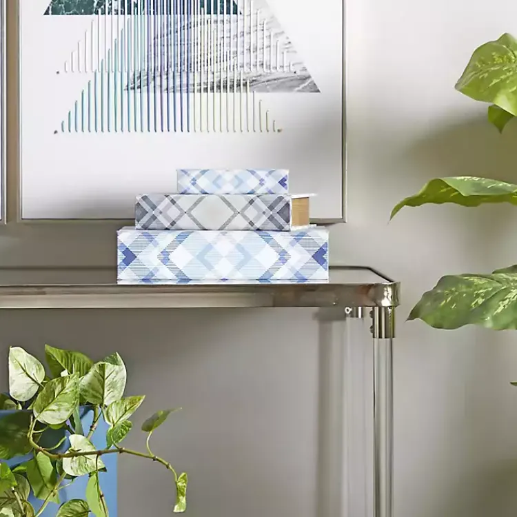 Discount Blue and Gray Plaid Book Boxes, Set of 3 Baskets & Boxes