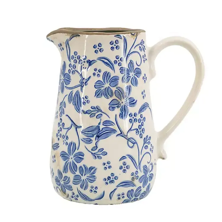 Outlet Blue and Ivory Floral Ceramic Pitcher Vase Vases