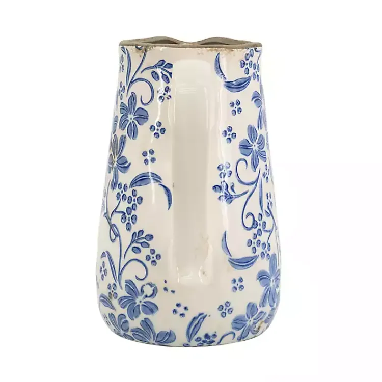 Outlet Blue and Ivory Floral Ceramic Pitcher Vase Vases