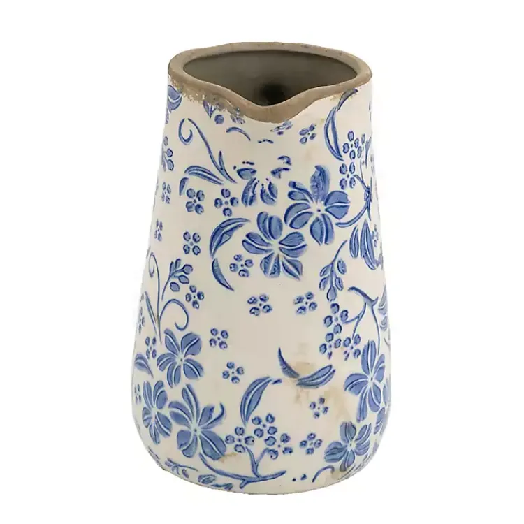 Outlet Blue and Ivory Floral Ceramic Pitcher Vase Vases