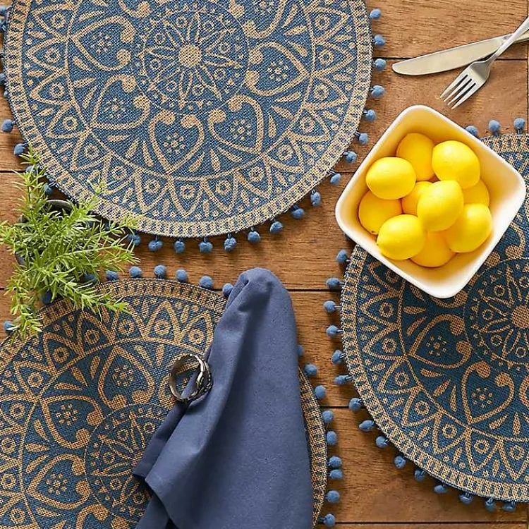 Kirklands Home Table Linens|Blue and Natural Print Round Placemats, Set of 6