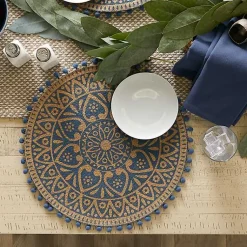 Kirklands Home Table Linens|Blue and Natural Print Round Placemats, Set of 6