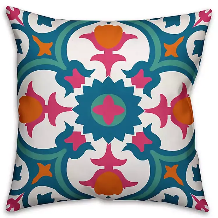 Kirklands Home Outdoor Cushions & Pillows|Blue and Pink Floral Tile Outdoor Pillow Multi