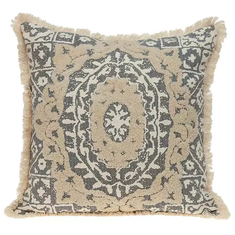 Clearance Blue and Tan Medallion Fringe Pillow Pillows