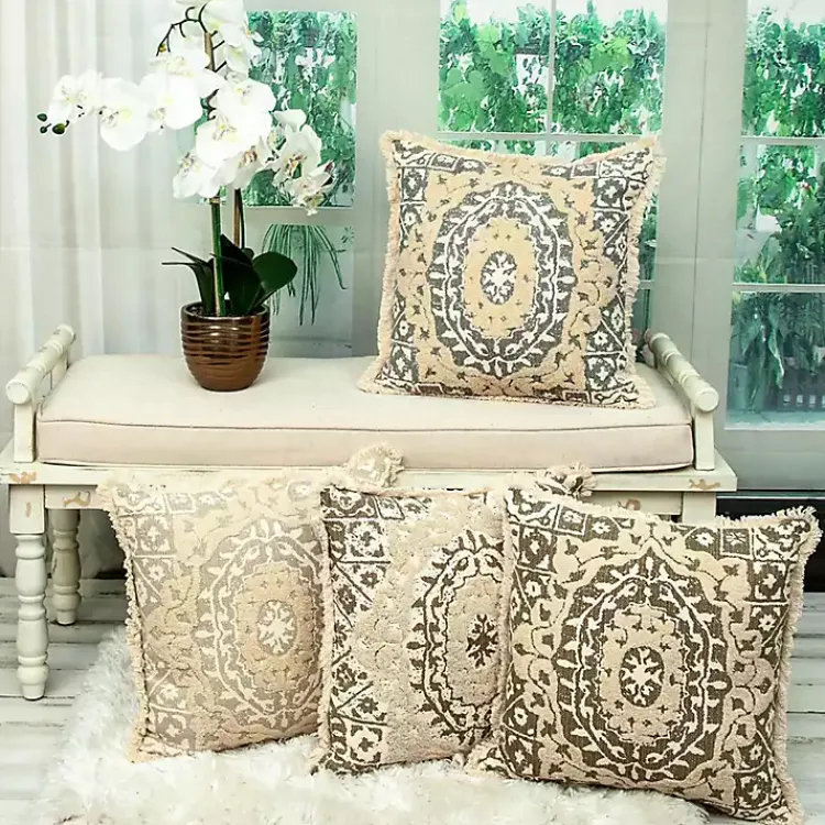 Clearance Blue and Tan Medallion Fringe Pillow Pillows