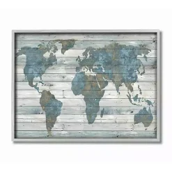 Kirklands Home Framed Art|and Tan Rustic Plank World Map Framed Art Blue