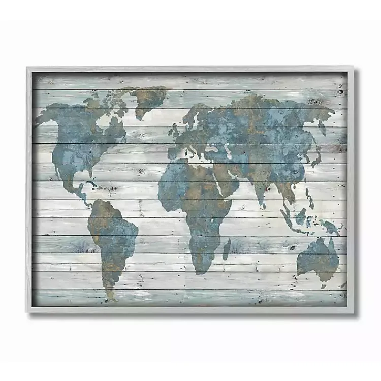 Kirklands Home Framed Art|and Tan Rustic Plank World Map Framed Art Blue
