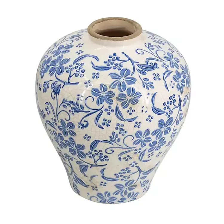 Hot Blue and White Floral Urn Ceramic Vase, 10 in. Vases
