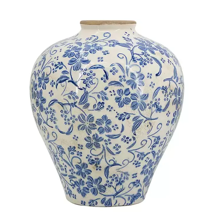 Outlet Blue and White Floral Urn Ceramic Vase, 11 in. Vases