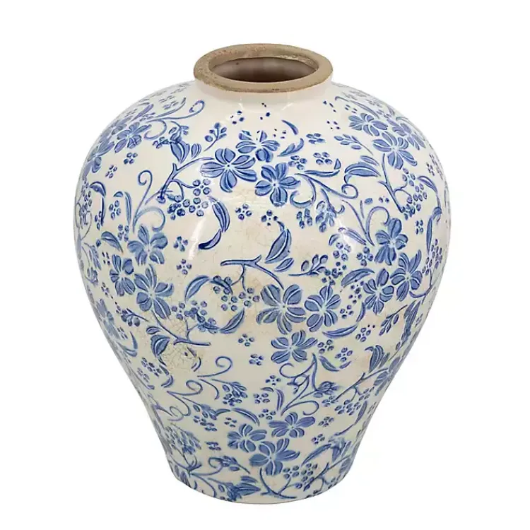 Outlet Blue and White Floral Urn Ceramic Vase, 11 in. Vases