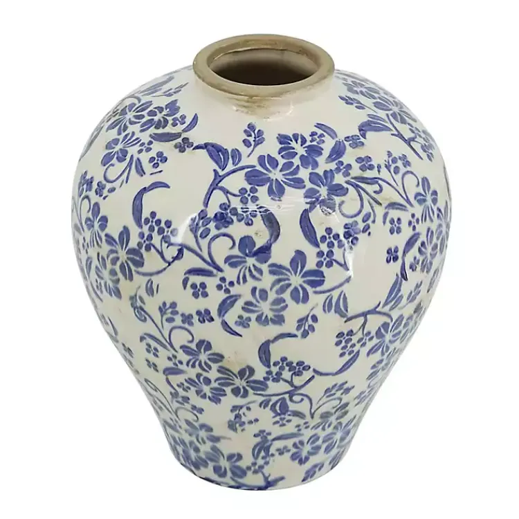 Outlet Blue and White Floral Urn Ceramic Vase, 11 in. Vases