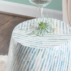 Kirklands Home Accent & End Tables|Blue and White Mosaic Capiz Shell Drum End Table