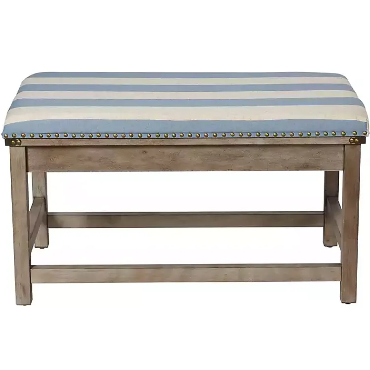 Kirklands Home Benches & Ottomans|Blue and White Striped Upholstered Wood Bench