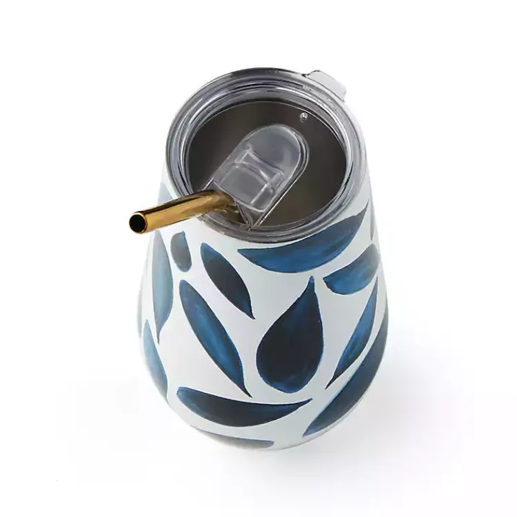 Kirklands Home Glassware & Drinkware|Bay Leaf Insulated Wine Tumbler Blue