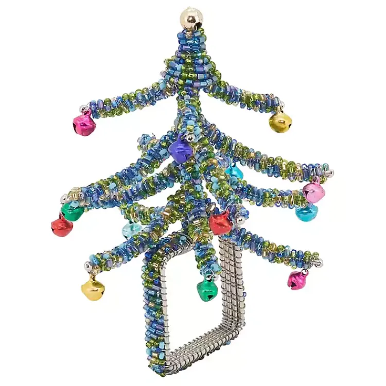 Kirklands Home Table Linens|Blue Beaded Christmas Tree Napkin Rings, Set of 4