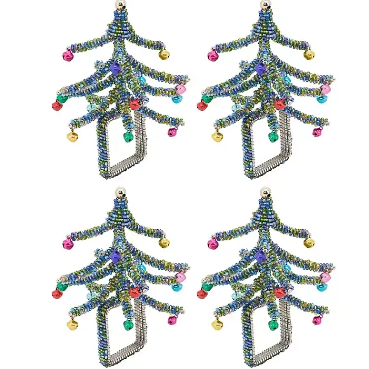 Kirklands Home Table Linens|Blue Beaded Christmas Tree Napkin Rings, Set of 4