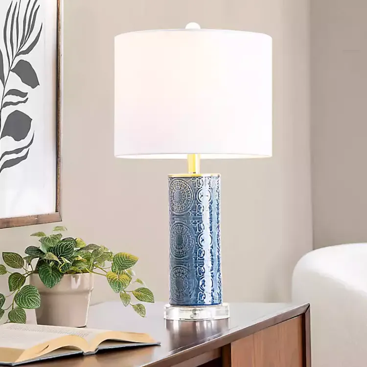 Kirklands Home Table Lamps|Blue Ceramic Embossed Spiro Table Lamp White