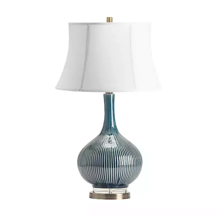 Kirklands Home Table Lamps|Blue Ceramic Stripe Base Table Lamp White