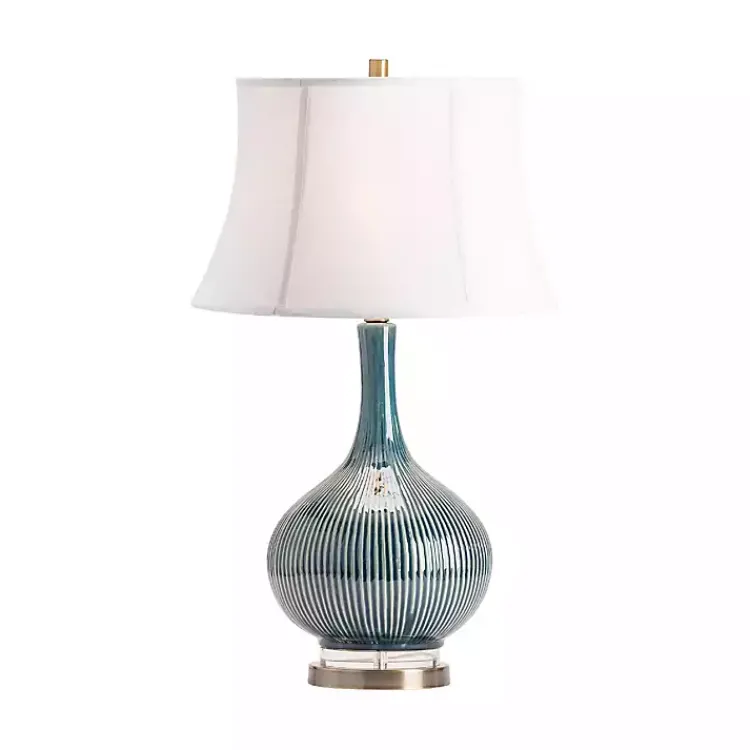 Kirklands Home Table Lamps|Blue Ceramic Stripe Base Table Lamp White