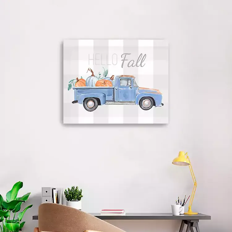 Best Blue Checkered Pumpkin Truck Canvas Wall Art Fall